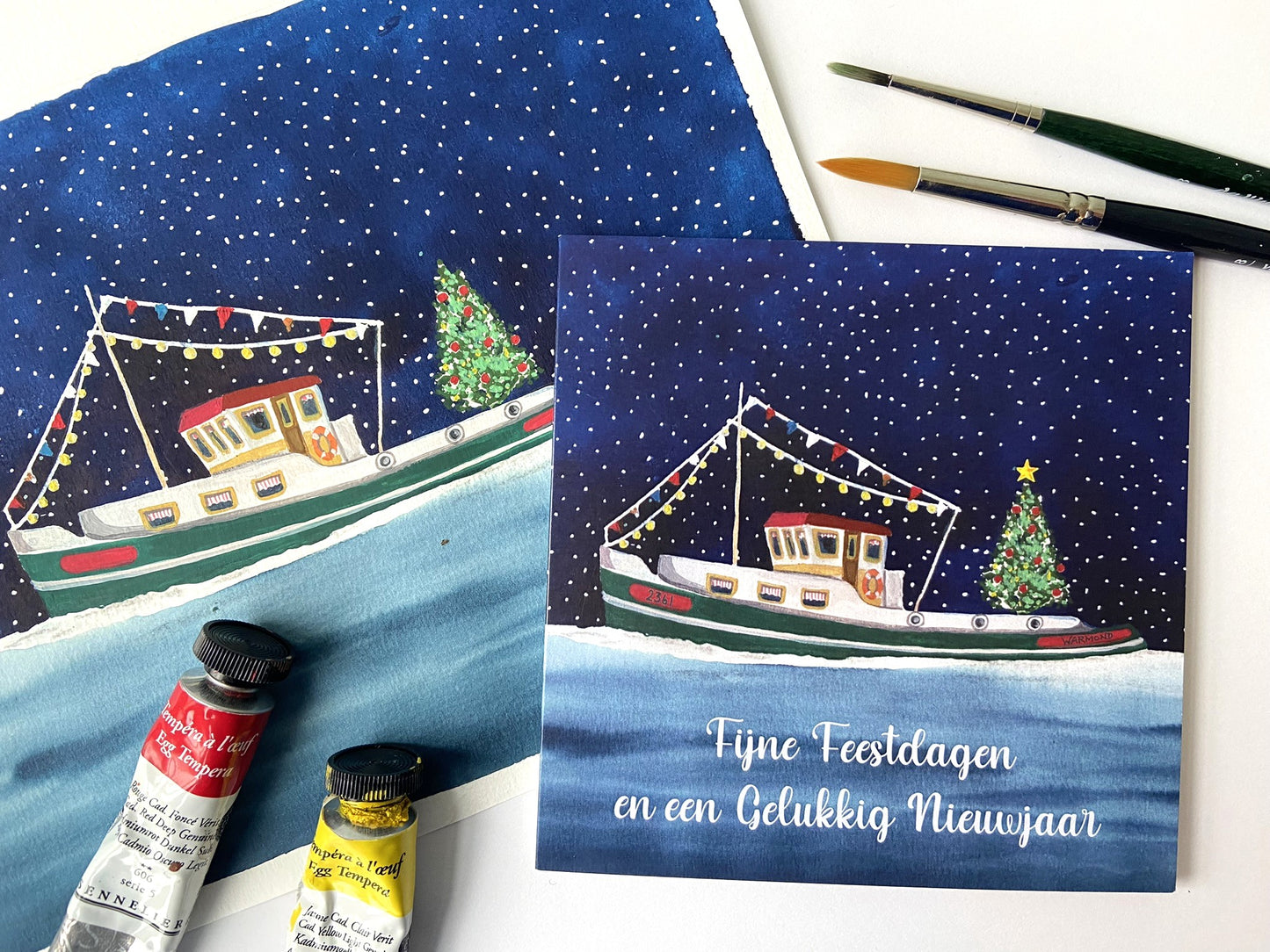 Kerstkaart Warmond boat