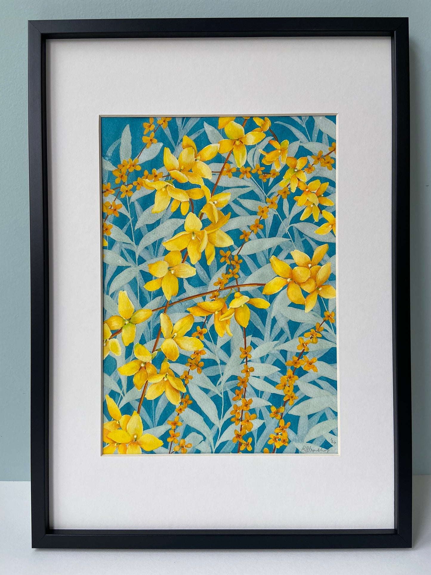 Ingelijst origineel Forsythia schilderij