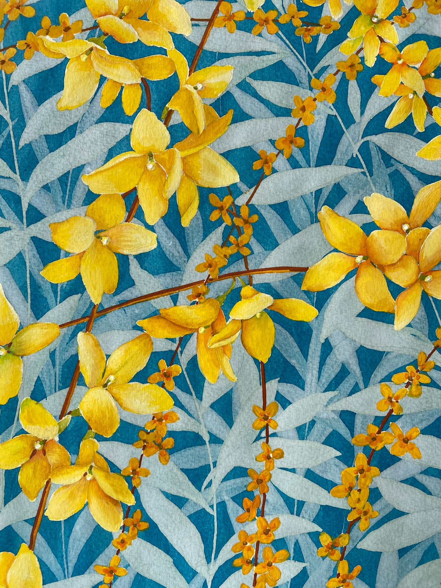 Ingelijst origineel Forsythia schilderij