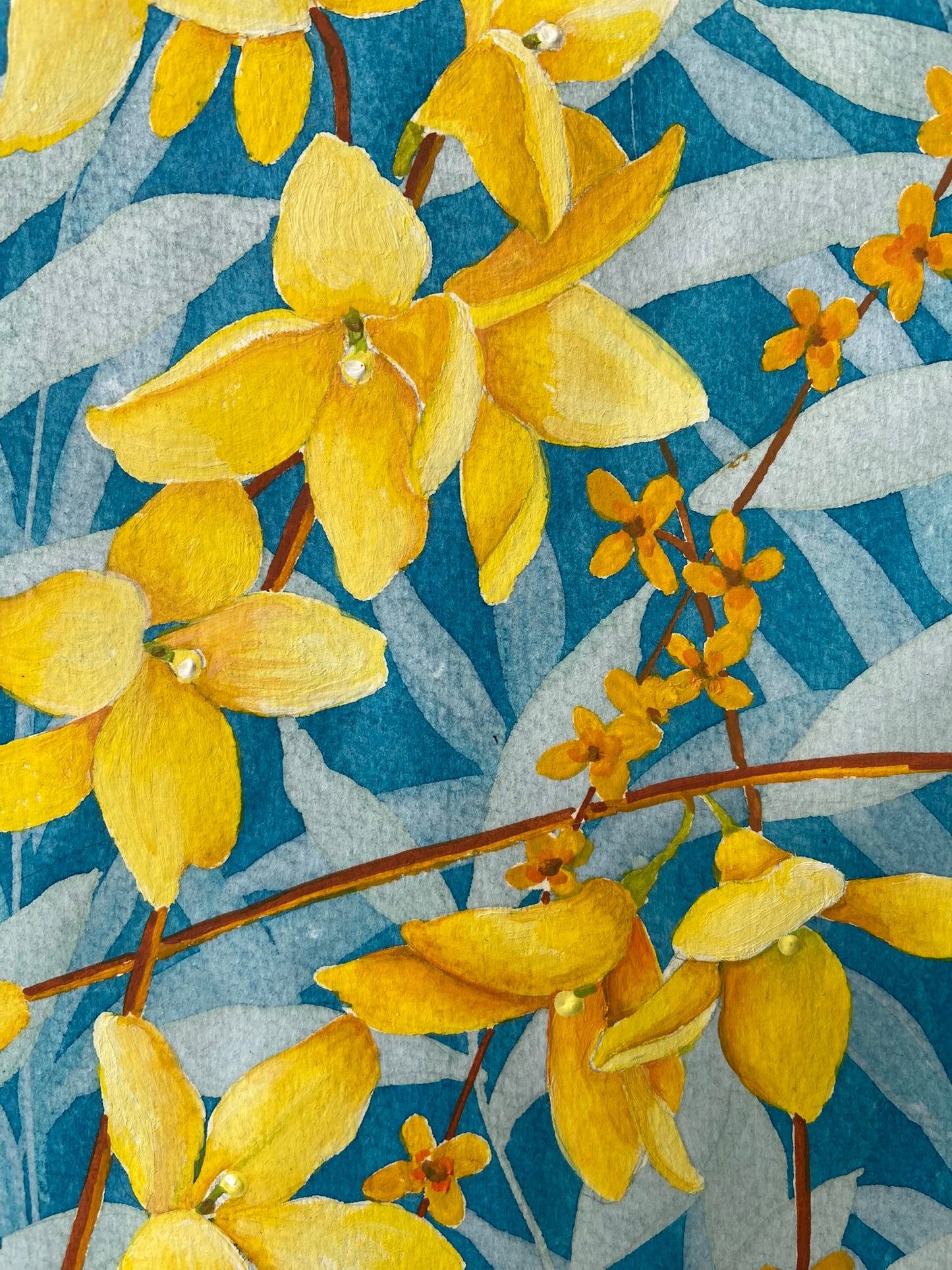 Ingelijst origineel Forsythia schilderij